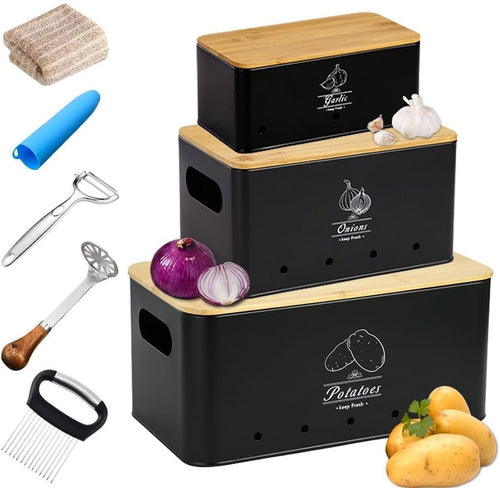 8PCS Kitchen Vegetable Storage Containers,Potato and Onion Garlic Storage Bin with Peeler,Slicer,Masher,Garlic Press & Cloth, Carbon Steel Potato Storage Box with Airflow & Wooden Lid (Black)