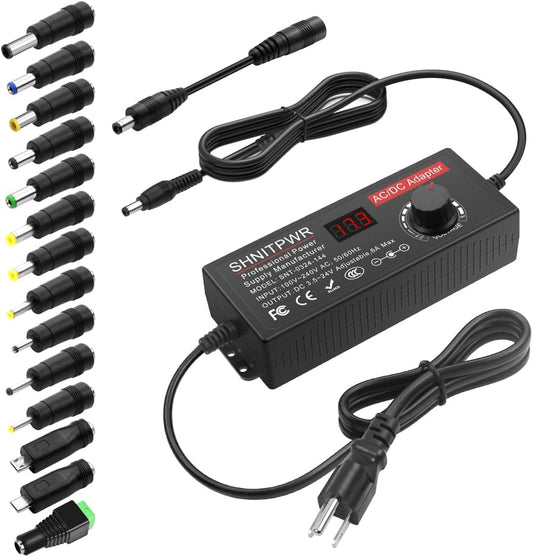 SHNITPWR Universal Power Supply 3.5-24V 144W DC 24V 19V 14V 12V 9V 6V 5V 3.5V 6A Adjustable AC/DC Power Adapter with 14 Tips and Polarity Cable for Home Electronics