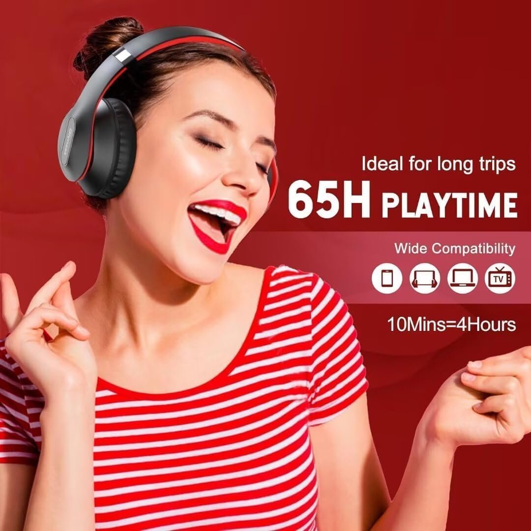 Wireless Bluetooth Headphones Over Ear 65H Playtime HiFi Stereo Headset with Microphone and 6EQ Modes Foldable Bluetooth V5.3 Headphones for Travel Computer Laptop(Black Red)