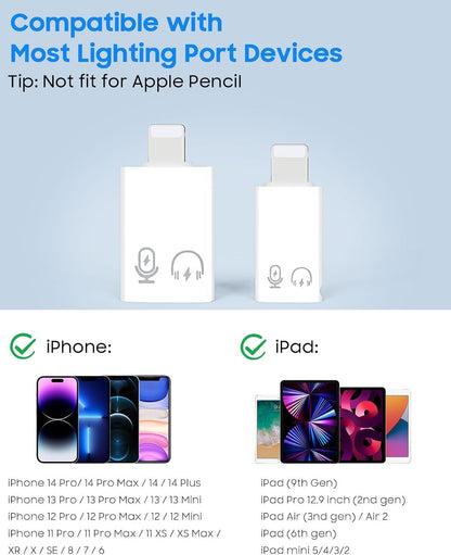 MoKo USB C Female to Lightning Male Adapter, Lightning Male to USB-A Female OTG Adapter Connector for iPhone 14/13/12/11 Pro Max/iPad/iPod/AirPods, Support 10W Fast Charging/Data Transfer/Audio