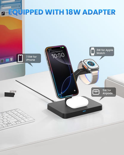 GEEKERA Magnetic 3 in 1 Wireless Charging Station, Fast Wireless Charger Stand Dock, Wireless Charger for iPhone 16/15/14/13/12 Pro Max, Apple Watch 9/8/7/6/SE/5/4/3/2, AirPods 3/2/Pro