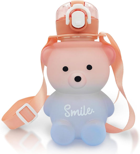 Kawaii Water Bottle Cute Teddy Bear Water Bottles with Straw, Adjustable Strap, Portable Leakproof BPA-Free Drinking Cups 27oz for Girls School Sports Travel (Pink/Blue)
