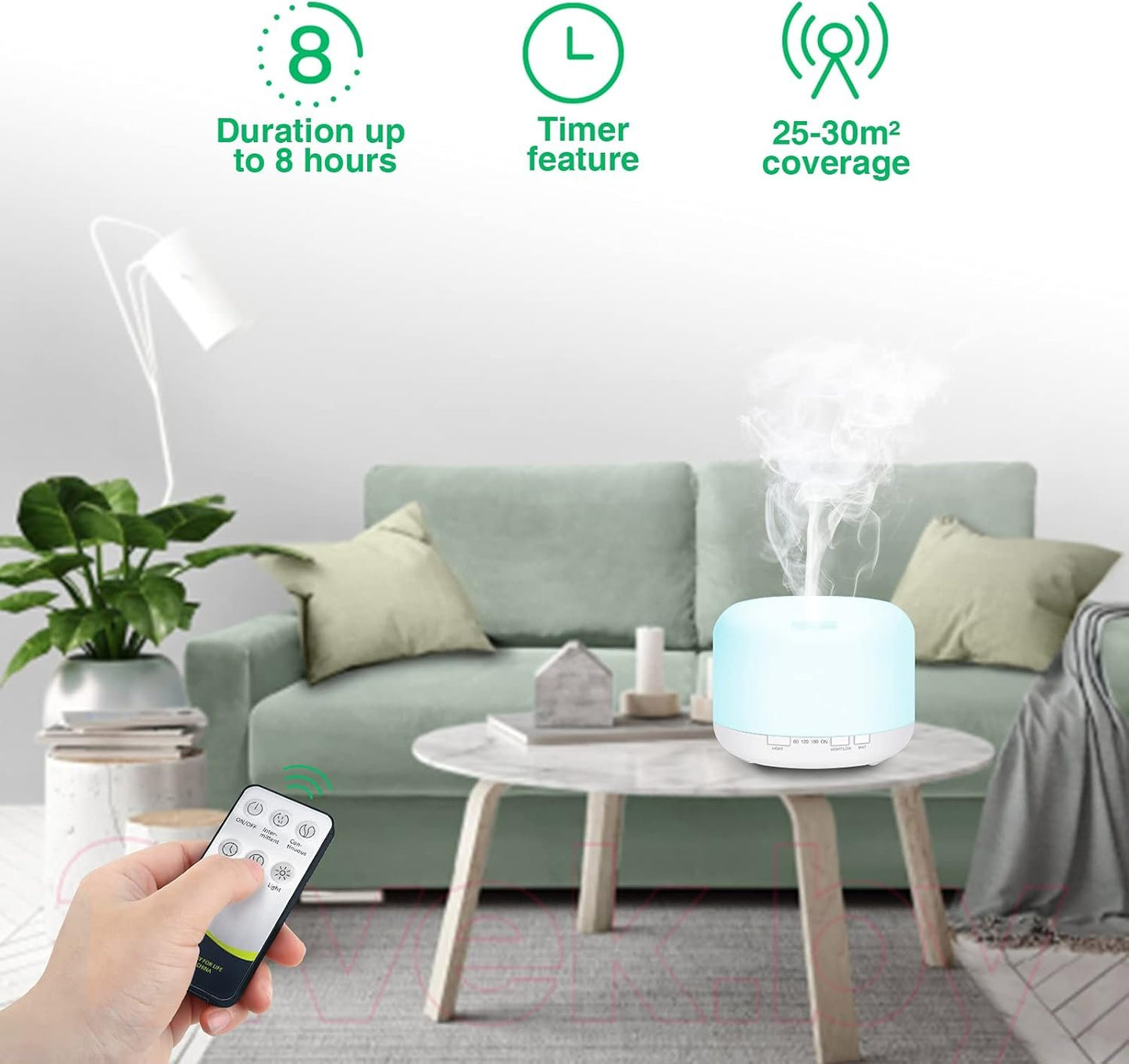 500ml Aromatherapy Essential Oil Diffuser, Ultrasonic Remote Control Cool Mist Fragrance Oils Humidifier, Electric Aroma Air Purifier for Home Bedroom 7 LED Color Lights, Timer, Auto Shut-Off (White)