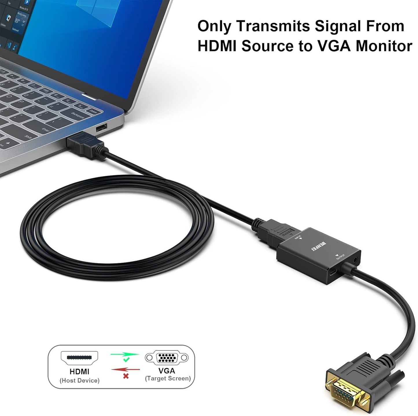 BENFEI HDMI to VGA, Uni-Directional HDMI (Source) to VGA (Display) Adapter (Female to Male) with 3.5mm Audio Jack Compatible for TV Stick, Computer, Desktop, Laptop, PC, Monitor, Projector, Roku, Xbox