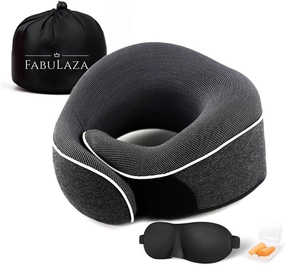 Luxury Memory Foam Travel Neck Pillow - Ergonomic, 360-Degree Folding Neck Support - Aeroplane Portable, Adjustable &Therapeutic Relief - Ideal for Airplane, Car - Neck Pain Relief - Black