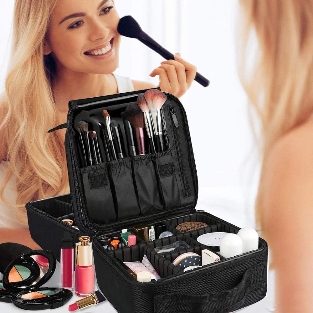 SlowTon Makeup Bag Organizer, Travel Cosmetic Bag with Adjustable Dividers, Portable Storage Case for Cosmetics Makeup Brushes Toiletry Jewelry Digital Accessories(Black,M)