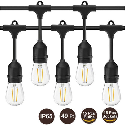 LED Outdoor String Lights- Geecol 49Ft Waterproof IP65 Commercial Grade S14 Heavy Duty Festoon String Light 15 Hanging Sockets with 15 S14 2W LED Bulb Warm White 2700K for Party Patio Garden