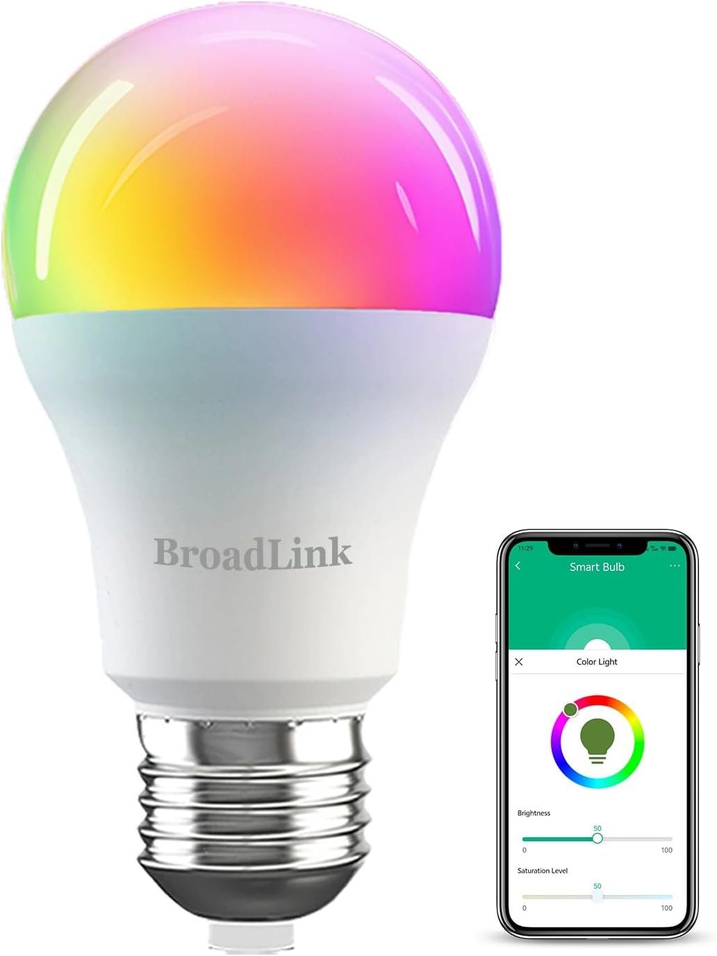 Broadlink Smart Light Bulb, 10W Dimmable RGB Color Changing Wi-Fi LED Smart Bulb E27 800lm, Works with Alexa, Google Home, Siri and IFTTT, No Hub Required, Multi-Color (LB27 R1)