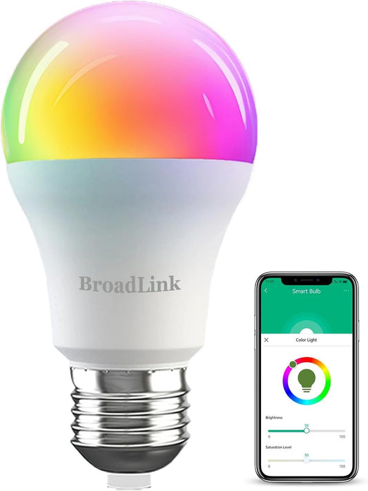 Broadlink Smart Light Bulb, 10W Dimmable RGB Color Changing Wi-Fi LED Smart Bulb E27 800lm, Works with Alexa, Google Home, Siri and IFTTT, No Hub Required, Multi-Color (LB27 R1)