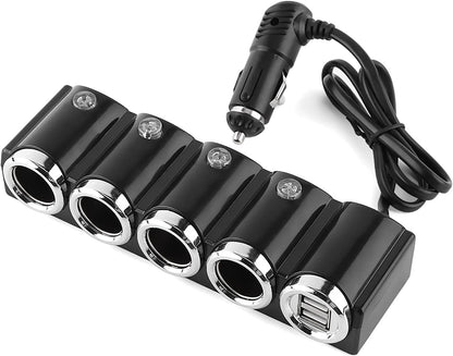 Cigarette Lighter, DC 12V/24V USB 4 Way Cigarette Lighter Socket Splitter with Two USB Ports, Charger Adapter for Electronic Equipment
