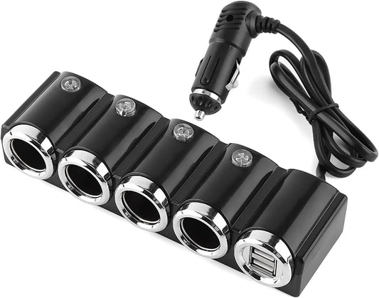Cigarette Lighter, DC 12V/24V USB 4 Way Cigarette Lighter Socket Splitter with Two USB Ports, Charger Adapter for Electronic Equipment