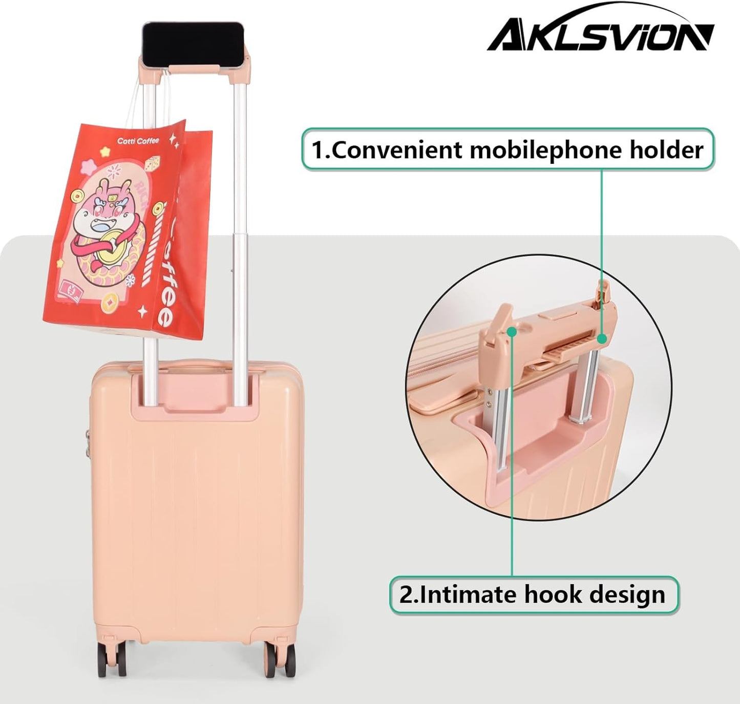 Aklsvion PC+ABS Durable Carry-On 18-inch Hardside Luggage with Detachable Spinner Wheels TSA Lock（Pink