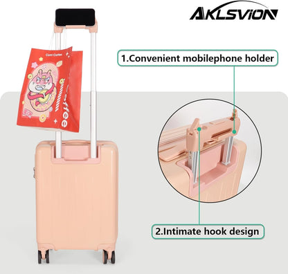 Aklsvion PC+ABS Durable Carry-On 18-inch Hardside Luggage with Detachable Spinner Wheels TSA Lock（Pink