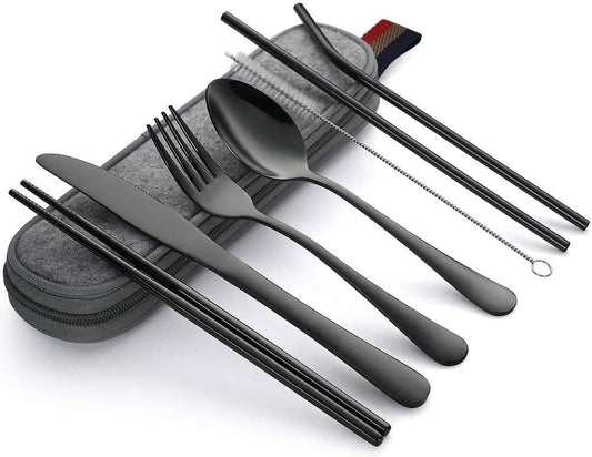 Travel Cutlery Set | Portable Camping Utensils Set Including Knife Fork Spoons Straws Chopsticks Cleaning Brush, Reusable Travel Cutlery kit Stainless Steel [8 Piece Black]