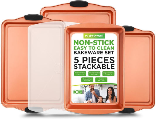 NutriChef 5 Piece Baking Pan Set - PFOA, PFOS, PTFE Free Flexible Nonstick Carbon Steel Bakeware Set - Home Kitchen Bake Pan Cookie Sheet Stackable Baking Tray Set w/ Red Silicone Handles - NC5PCS