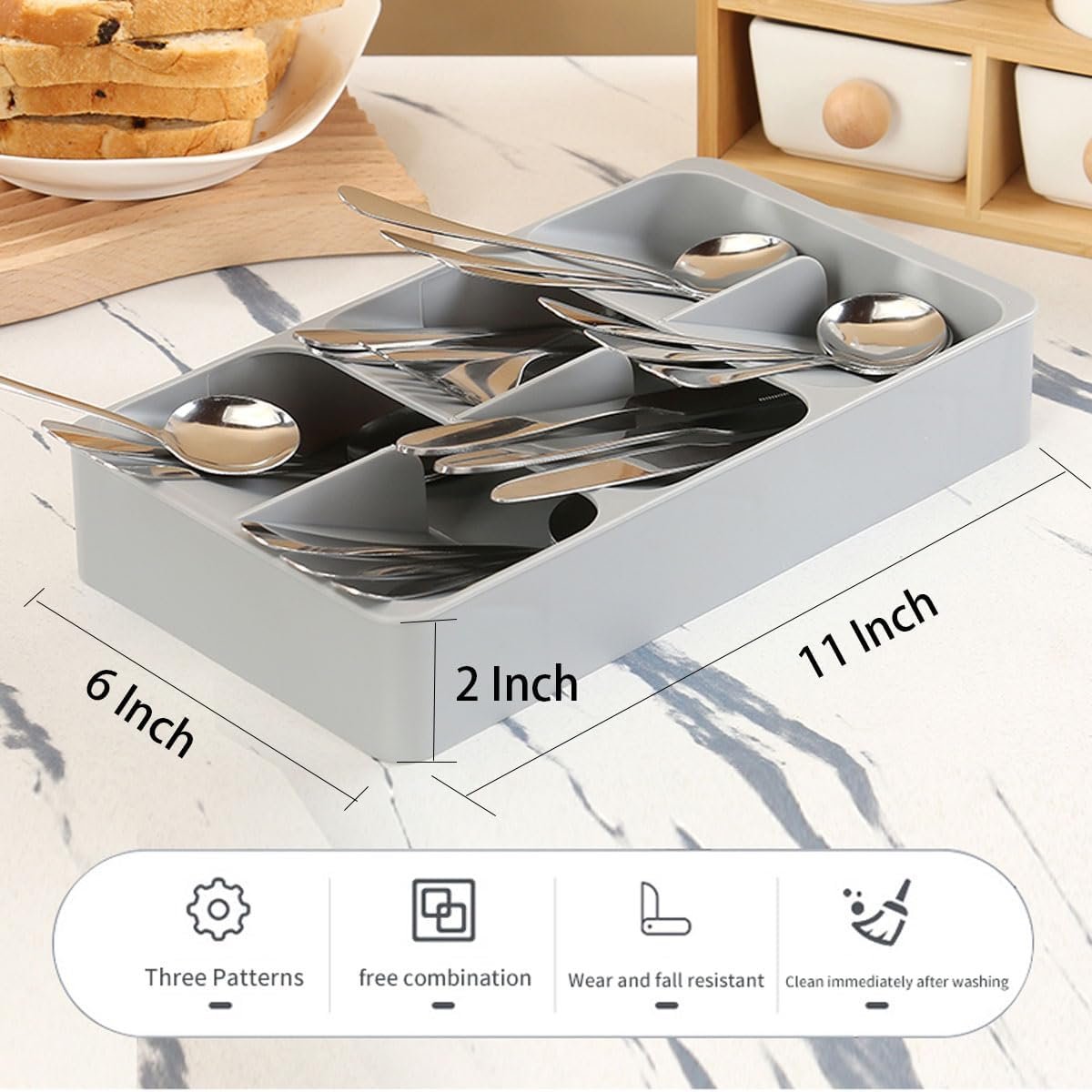 Mulikeer 6 Slot Silverware Cutlery Drawer Organizer, Kitchen Utensil Tray for Flatware, Cutlery, Spoons and Knives Storage Organization