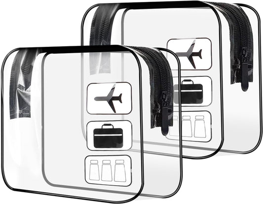 TECDW Clear Travel Toiletry Bag, 2 PCS TSA Approved Airport Security Liquids Bags, Leakproof Clear Makeup Bags, Transparent Travel Wash Bag Holiday Essentials Luggage for Men Women (2X Black)