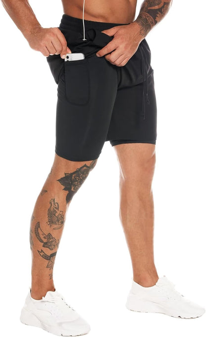 MOVEUP 2 in 1 Gym Running Shorts 7" Quick Dry Spandex Shell Fabric Compression Lining Sport Shorts Basketball Shorts Active Fitness Shorts Workout Training Shorts with Zipper Pocket for Men