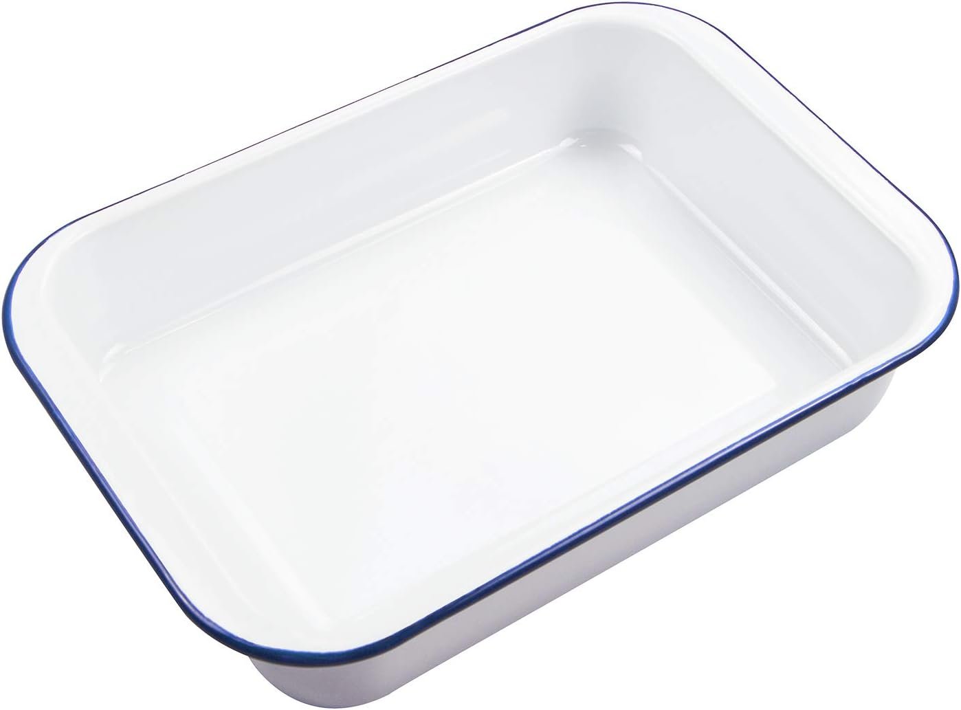 Webake Enamelware 9x13 Baking Pan Oblong Cake Pan Enameled Steel Roasting Pan Baking Dish Lasagna Pan Food Containers, Solid White with Blue Rim