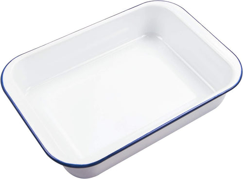 Webake Enamelware 9x13 Baking Pan Oblong Cake Pan Enameled Steel Roasting Pan Baking Dish Lasagna Pan Food Containers, Solid White with Blue Rim