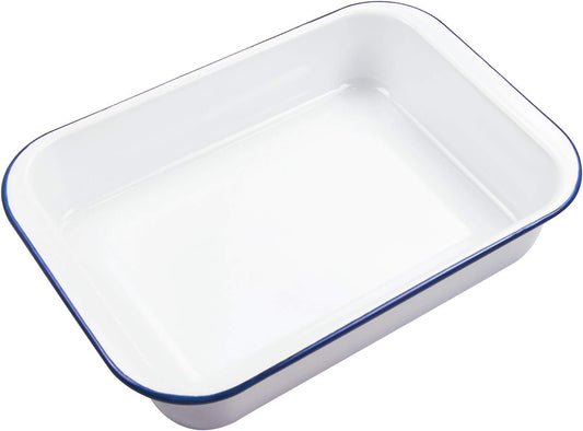 Webake Enamelware 9x13 Baking Pan Oblong Cake Pan Enameled Steel Roasting Pan Baking Dish Lasagna Pan Food Containers, Solid White with Blue Rim