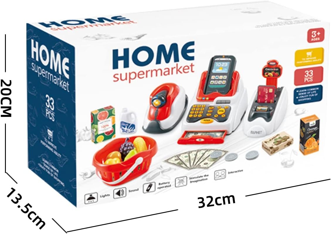 Pretend Play Cash Register Toy Role Play Shopping Cashier Playset with Scanner Card Machine Toy Foods Fruits 33pcs Set Funtional Checkout Game Educational Toy for Kids Birthday