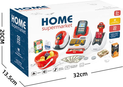 Pretend Play Cash Register Toy Role Play Shopping Cashier Playset with Scanner Card Machine Toy Foods Fruits 33pcs Set Funtional Checkout Game Educational Toy for Kids Birthday