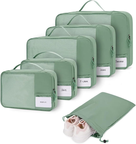 ECOHUB 6 Pieces Suitcase Organizer, Packing Cubes Space-Saving with Label Pocket, Fabric Ripstop Organizer Suitcases, Travel Useful Accessories (Green)