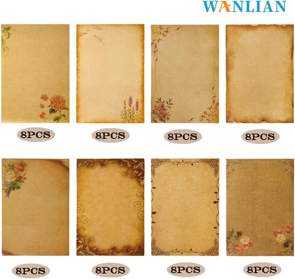 Stationery Paper, 64 Pcs Retro Kraft Paper Stationery, 8 Craft Design Styles, Suitable for Writing Letters, Copying, Invitations, Love Letters (8.26x5.7 Inch)
