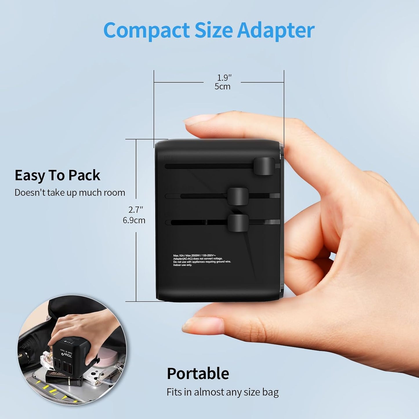 Hichain Universal Travel Adapter 70W PD Fast Charging Travel Adapter 2 USB-A Ports 2 USB-C Ports International Travel Plug All-in-one Wall Adapter for USA EU UK AUS