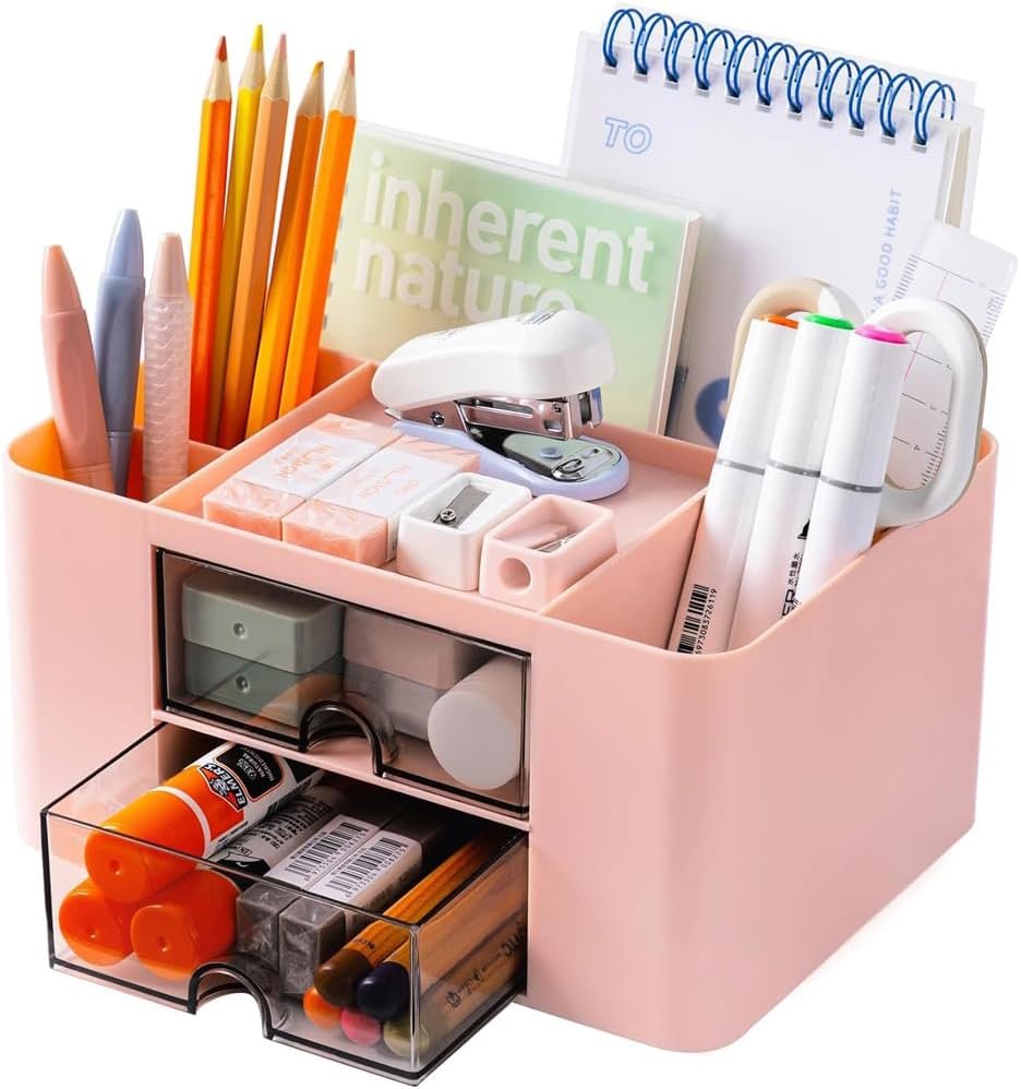 Desk Organizer Office with Drawer Pen Holder for Storage Box Accessories Organizers and Home School Multifunctional with 4 Compartments 2 Drawers Cute Plastic for Makeup Desktop Storage Organization