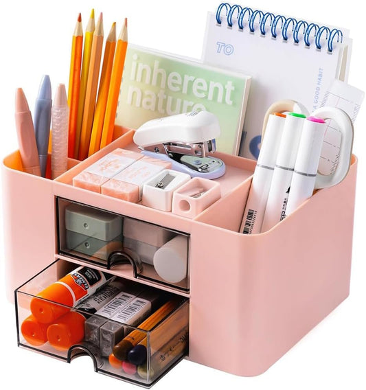 Desk Organizer Office with Drawer Pen Holder for Storage Box Accessories Organizers and Home School Multifunctional with 4 Compartments 2 Drawers Cute Plastic for Makeup Desktop Storage Organization