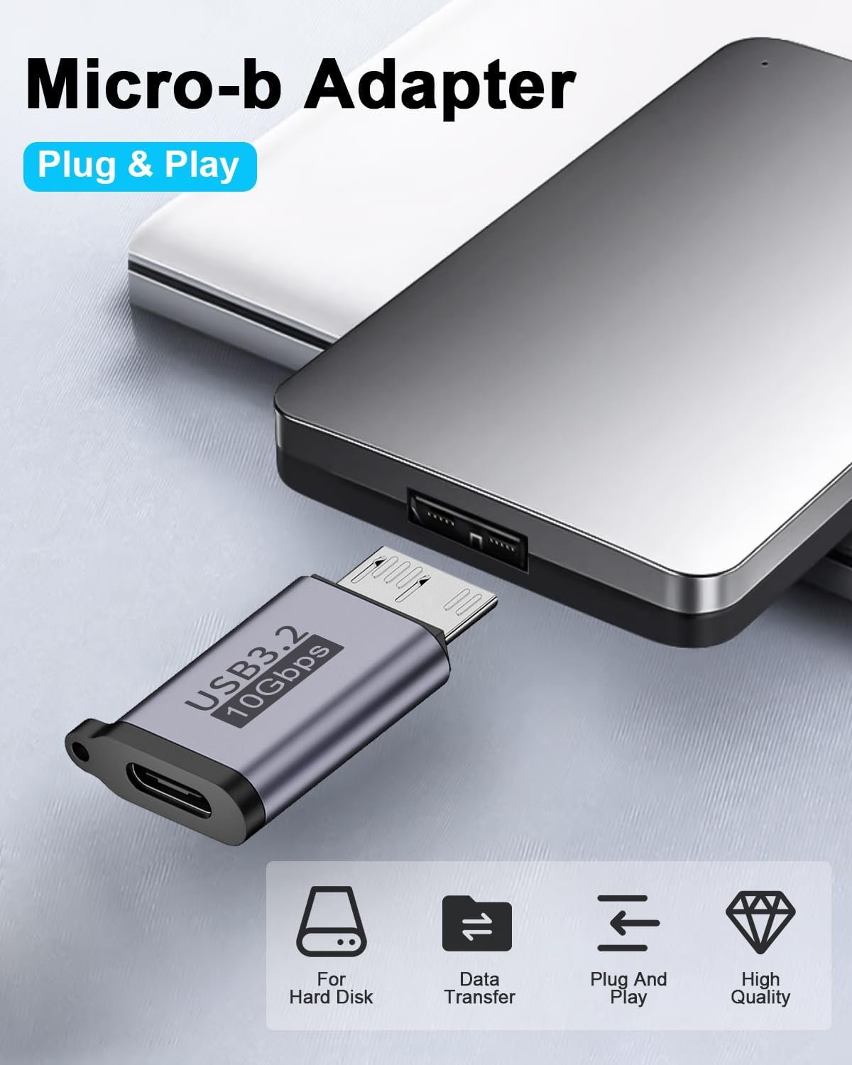 Duttek Micro B to USB C Adapter 10Gbps, USB C to Micro B Cable Adapter, Micro B Male to USB C 3.2 Female Adapter for Hard Drive Cable for External Hard SSD Drive, Tablet, Phone, Laptop, 2 Pack