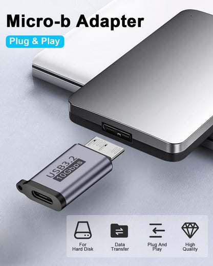 Duttek Micro B to USB C Adapter 10Gbps, USB C to Micro B Cable Adapter, Micro B Male to USB C 3.2 Female Adapter for Hard Drive Cable for External Hard SSD Drive, Tablet, Phone, Laptop, 2 Pack
