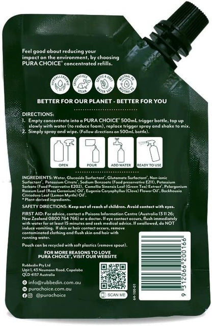 PURA CHOICE® Safe & Natural, Asthma & Allergy Friendly Streak Free Multi-Purpose Cleaner with Rose Geranium & Lemon Myrtle Premium Pure Essential Oil. Includes: 1 x 500mL plus 1 x 100mL Concentrate = 1L of Multi-Purpose Cleaner