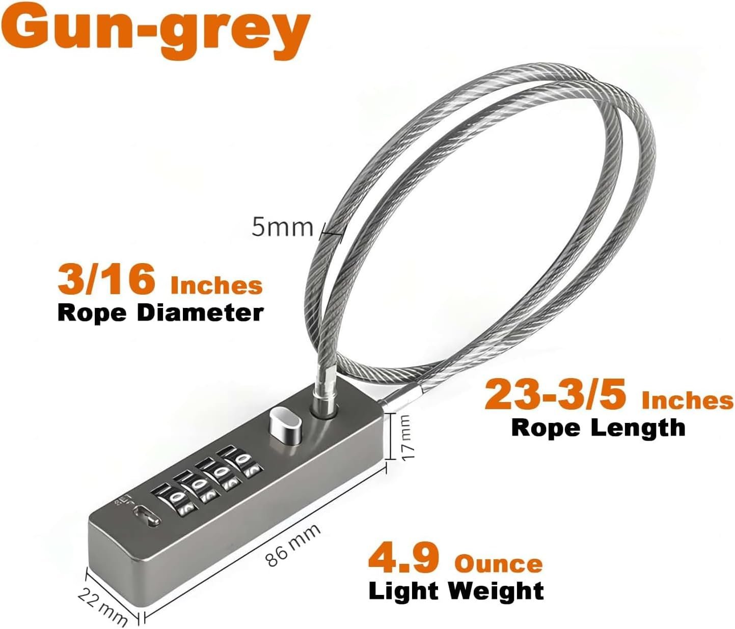 Tcyoatoa Cable Locks Combination, 23-3/5'' Length Steel Cable Rope 4-Digit Combination Lock Resettable Code for Bikes, Lockers, File Cabinets, Wardrobes, Small Fences, Refrigerator Door(Gun-Grey)