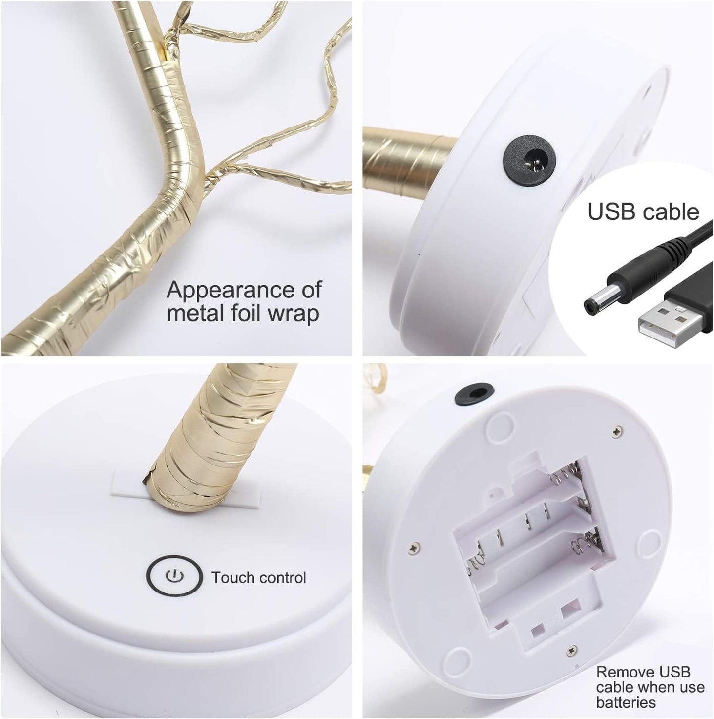 Bonsai Lighted LED Shimmer Table Top Light - Battery & USB Powered Touch Switch Lit Pearl Branch for Holiday Home Decorative Twinkling Fairy Light Spirit Tree (TLGWW-P36)