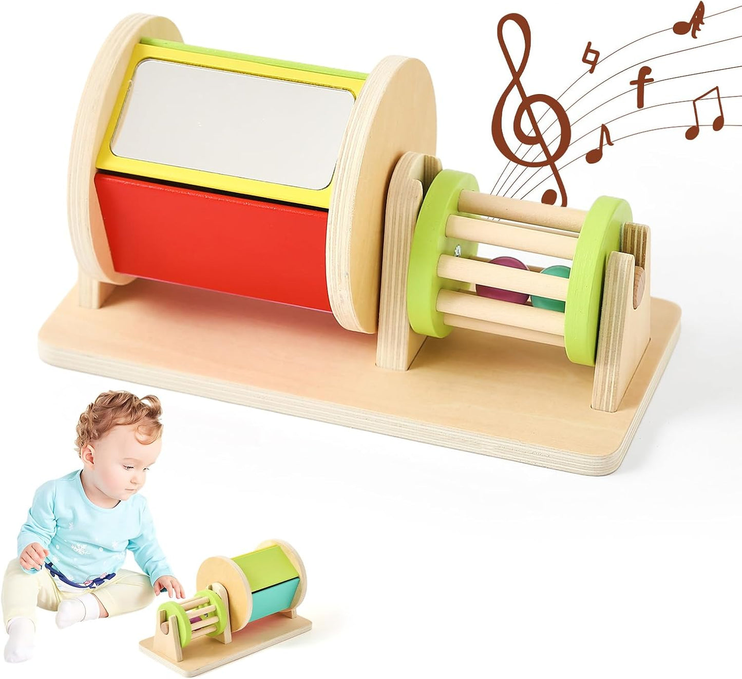 Promise Babe 2-in-1 Montessori Baby Toys | Wooden Spinning Drum & Rolling Rattle Combo for 3 6 12 Months | Sensory Development Toys with Mirror, Bells & Tummy Time Play | ASTM Certified Gift