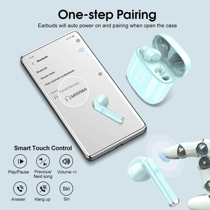OYIB Wireless Earbuds, 2025 Mini Bluetooth 5.3 Headphones HD Stereo Audio, ENC Noise Cancelling Mic Wireless Earphones 25H Playtime, IPX7 Waterproof, Touch Control in Ear Wireless Headphone Sky Blue