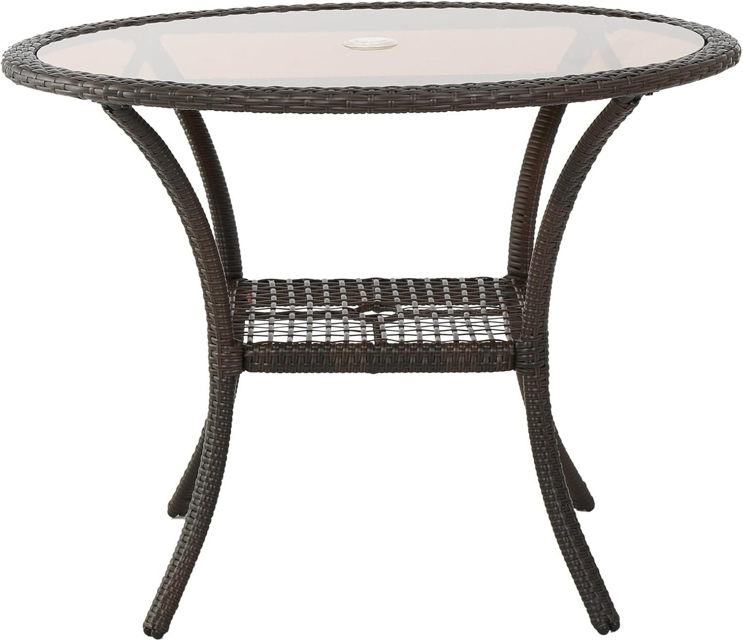 Round Patio Table,Wicker Rattan Table with Glass Tabletop,Outdoor Dining Table with Umbrella Hole for Garden,Balcony,Antique Brown