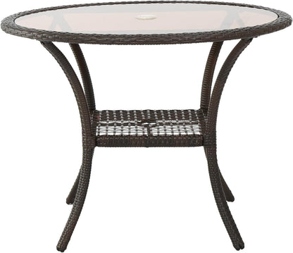 Round Patio Table,Wicker Rattan Table with Glass Tabletop,Outdoor Dining Table with Umbrella Hole for Garden,Balcony,Antique Brown