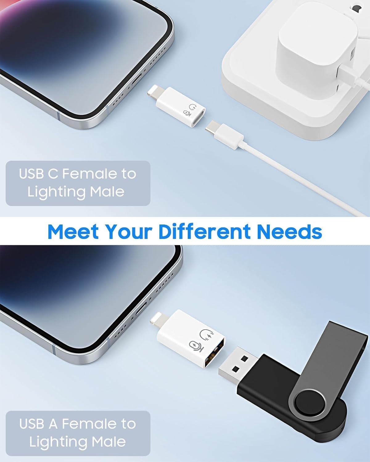 MoKo USB C Female to Lightning Male Adapter, Lightning Male to USB-A Female OTG Adapter Connector for iPhone 14/13/12/11 Pro Max/iPad/iPod/AirPods, Support 10W Fast Charging/Data Transfer/Audio