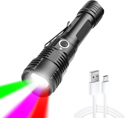 WINDFIRE 4 Color Multi-Color Tactical LED Flashlight Powerful Green White Red Purple Light Rechargeable Torch Zoomable Waterproof for Astronomy, Hunting, Fishing, UV Check