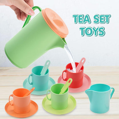 JQLM Pretend Play Kitchen Accessories Toys Set,Plastic Dishes Toy Set Include Plates&Teapot&Cups&Forks& Knife&Carry Basket,Pretend Cooking Accessories,Gifts for 2 3 4 5 6 Years Old Girls Boys Toddler