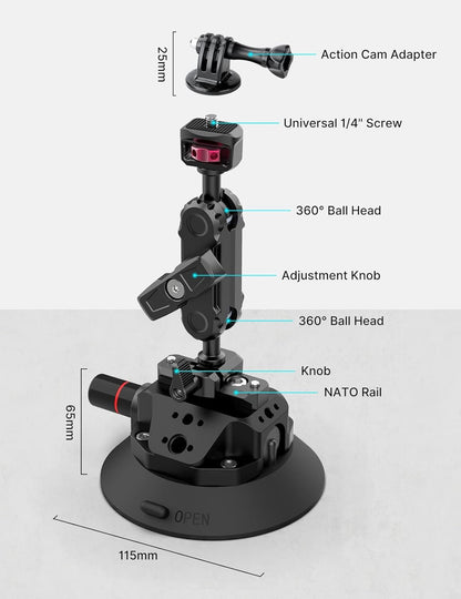 Camera Suction Cup Mount for Action Camera - ULANZI SC-02 4.5in Pump-actived Vacuum Suction Mount w Quick Release NOTA Magic Arm Car Boats Windshield & Window Mount for Nikon Canon Sony DSLR