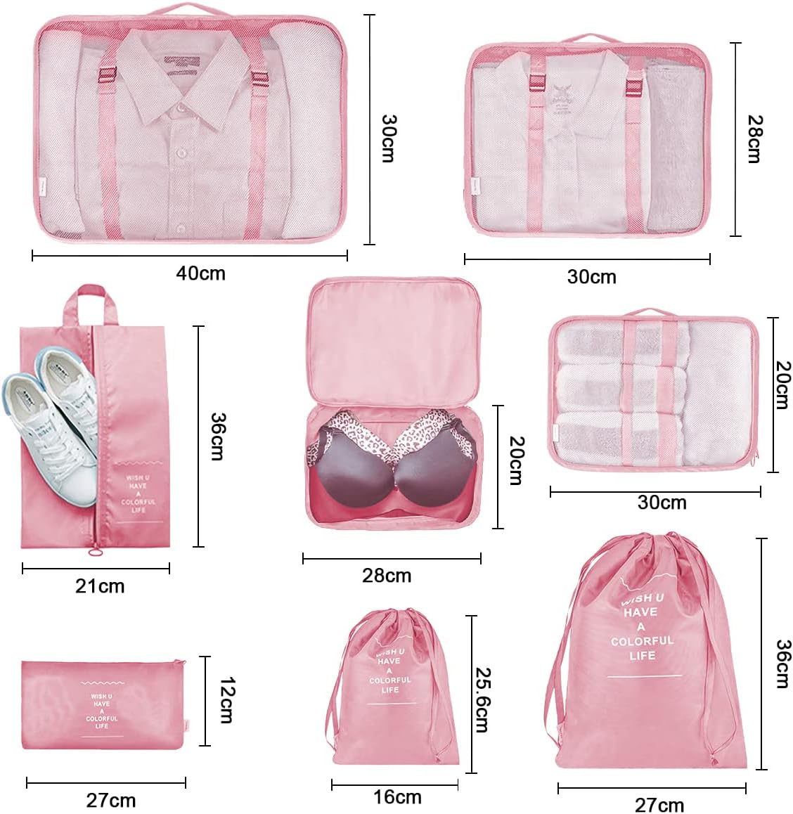 Travel Suitcase Organizer Set 8 Pieces - Packing Cubes Storage Travel Luggage Organizer for Clothes, Cosmetics, Shoes, Family Travel and Business (Pink)