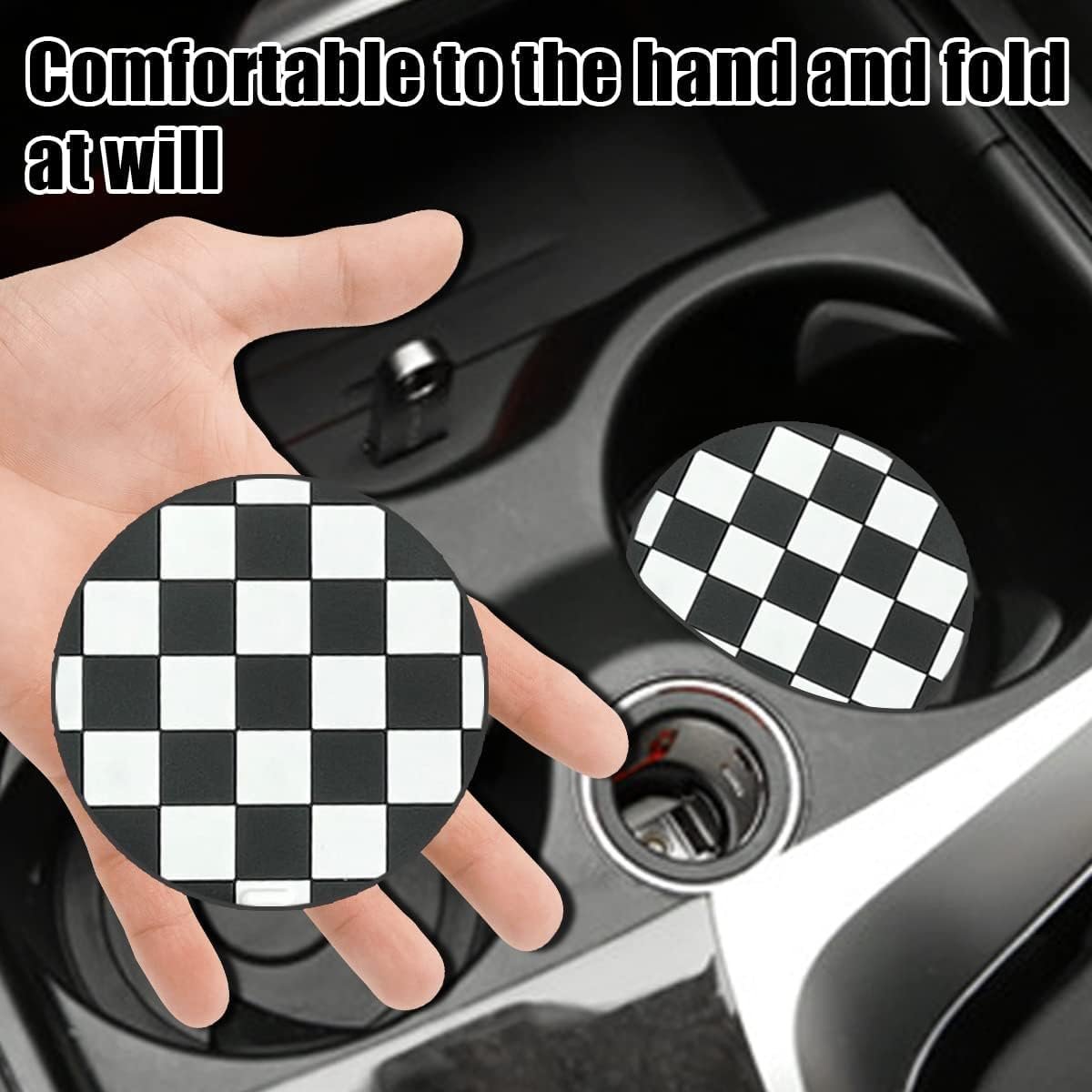 TSUGAMI 4 Pack Car Cup Coasters, 2.75 Inch Vehicle Holder Cup Holder Insert Coaster, Anti-Slip Automotive Black White Grid Drink Cup Mat, Universal Automotive Interior Accessories