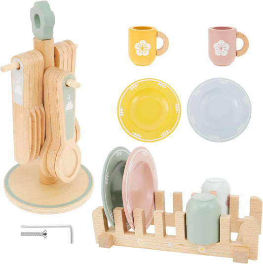 UKQRRTC Kid Wooden Dinnerware Toy Set, Safe Wood Kids Kitchen Playset, Funny Toddler Kitchen Toy, Kitchen Cutlery and Plate Toy Set, Wood Plate and Dish Playset for 3-5 Years Old Children