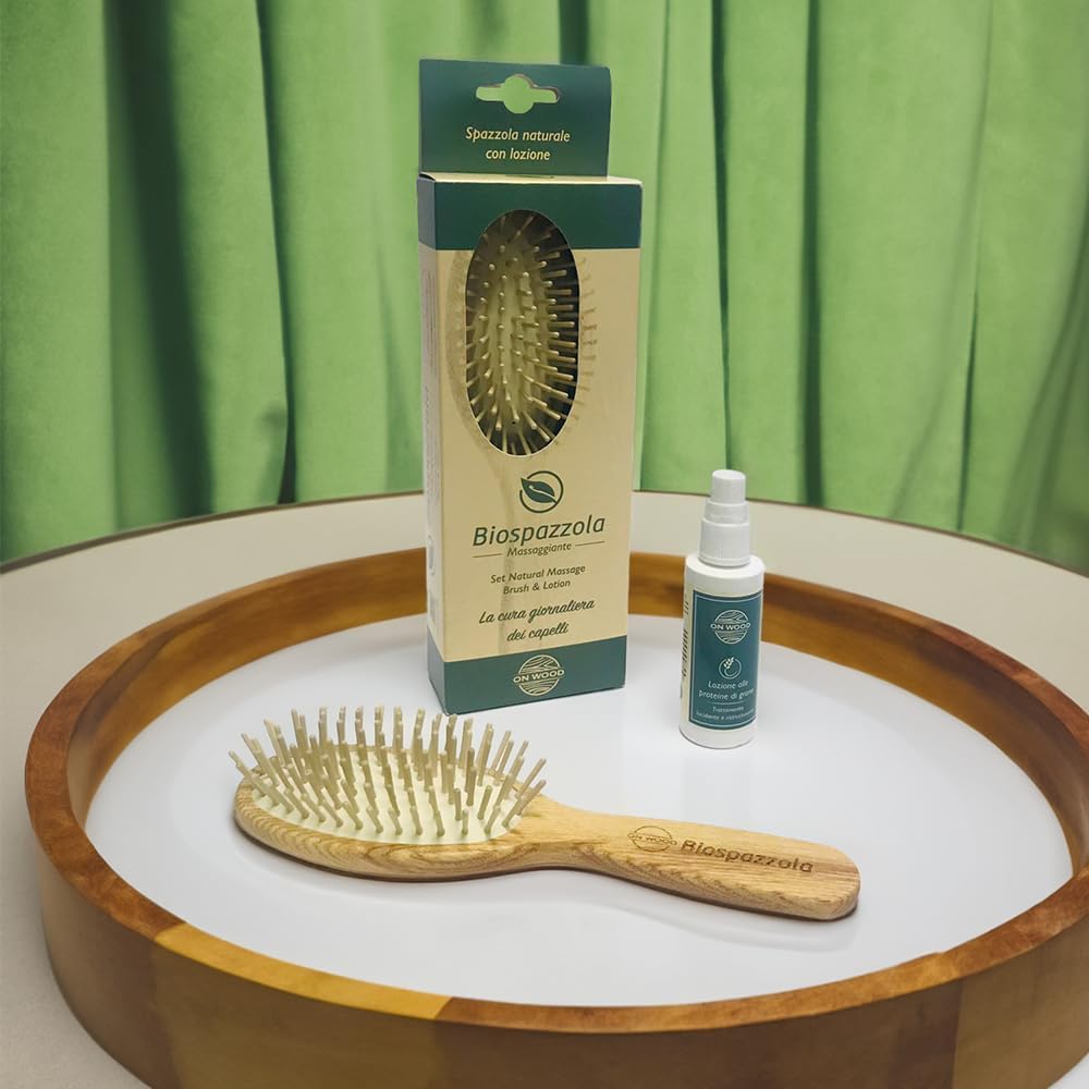 ONWOOD - Massage Brush in Ash Wood with Shine Lotion, Suitable for All Hair Types, Counteracts Hair Loss