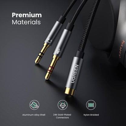UGREEN Headphone Splitter for Computer 3.5mm Female to 2 Dual 3.5mm Male Headphone Mic Audio Y Splitter Cable Smartphone Headset to PC Adapter (Black)